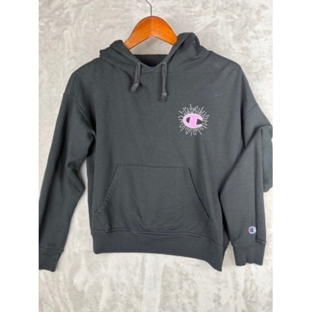 Vintage Champion Black Graphic Hoodie‎ Sweatshirt Women's Size S Sunburst